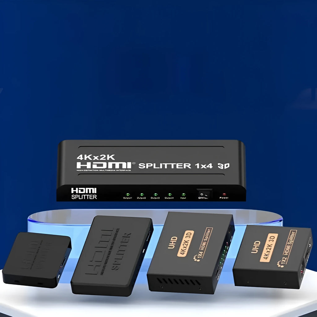 HDMI splitter unit with two output ports and USB power cable for 4K video distribution