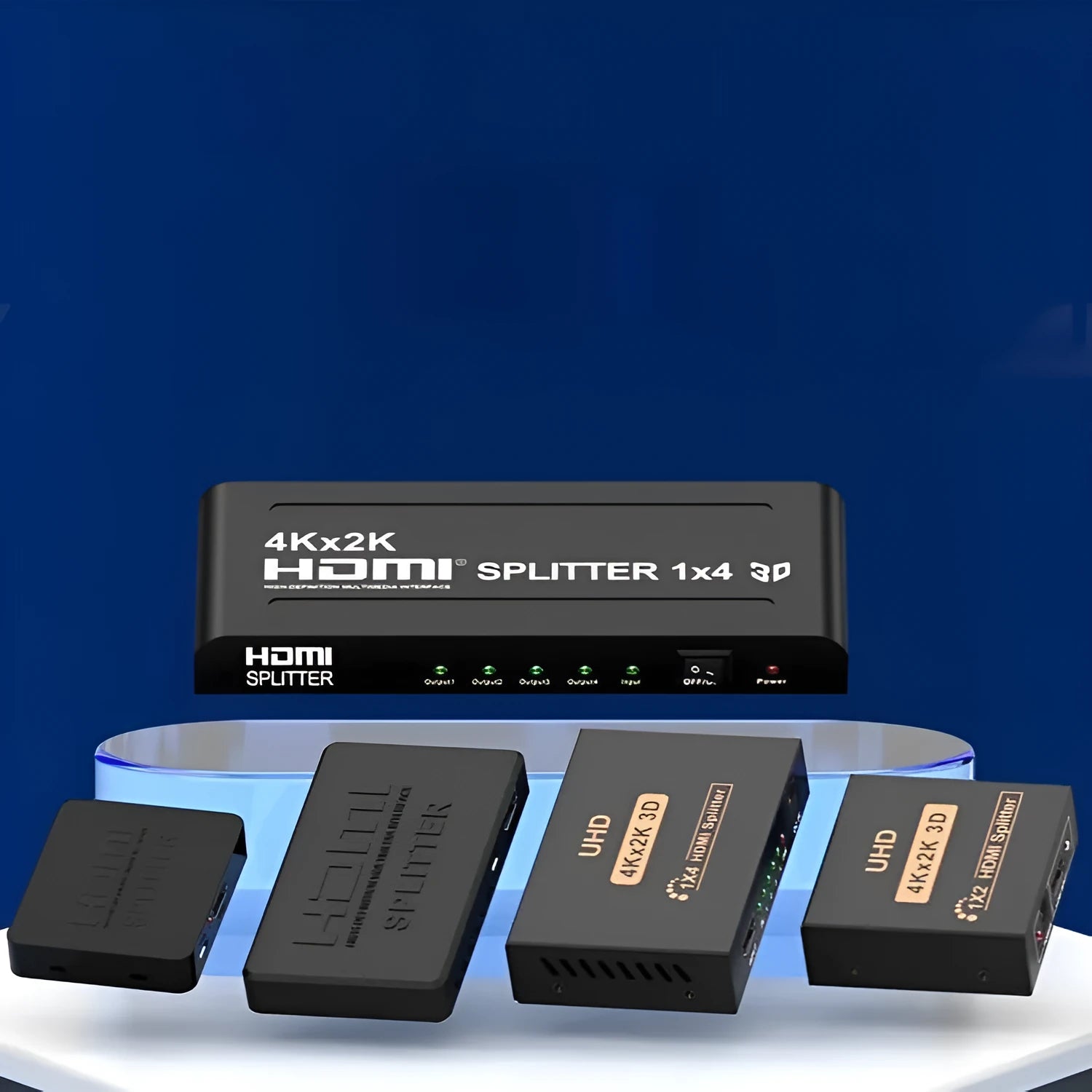 HDMI splitter unit with two output ports and USB power cable for 4K video distribution