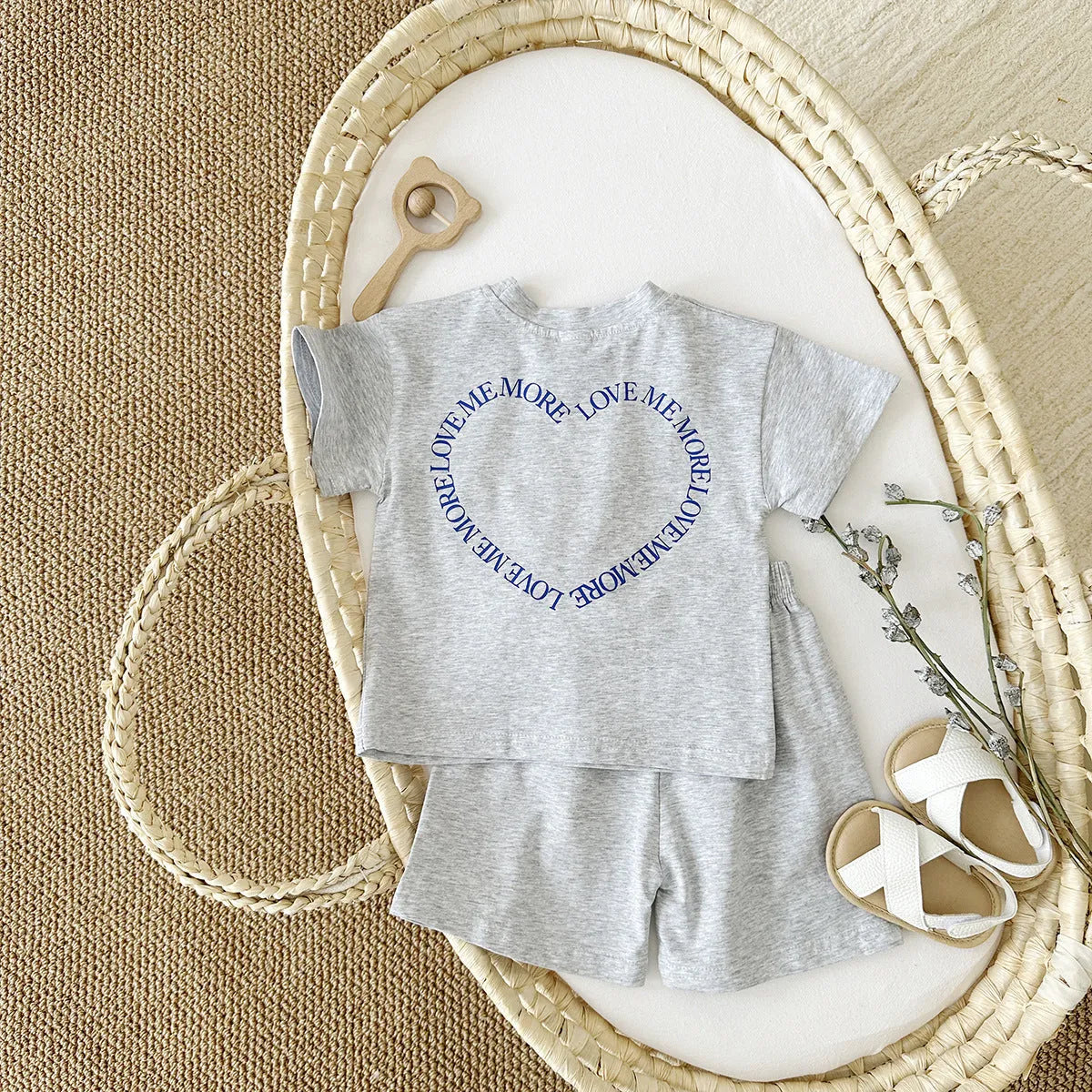 Korean style baby cotton two-piece suit set with heart printing and plaid pattern in white, pink, or grey