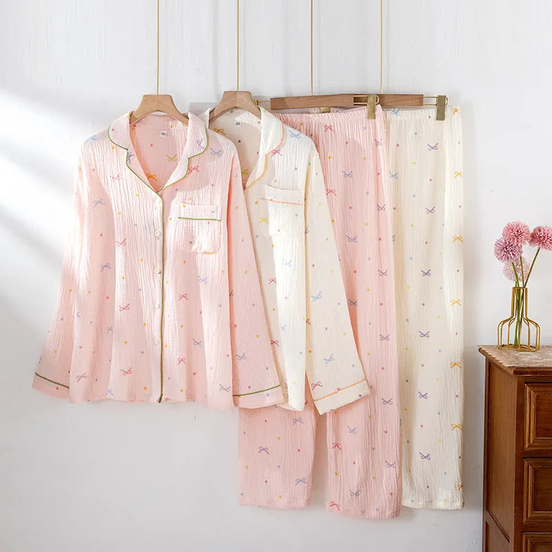 Women's cotton crepe pyjamas set in pink or beige with long sleeves and trousers