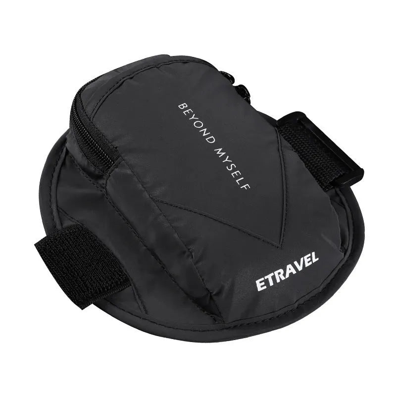 Black reflective running arm bag with adjustable strap, shown holding a smartphone, for outdoor sports safety.