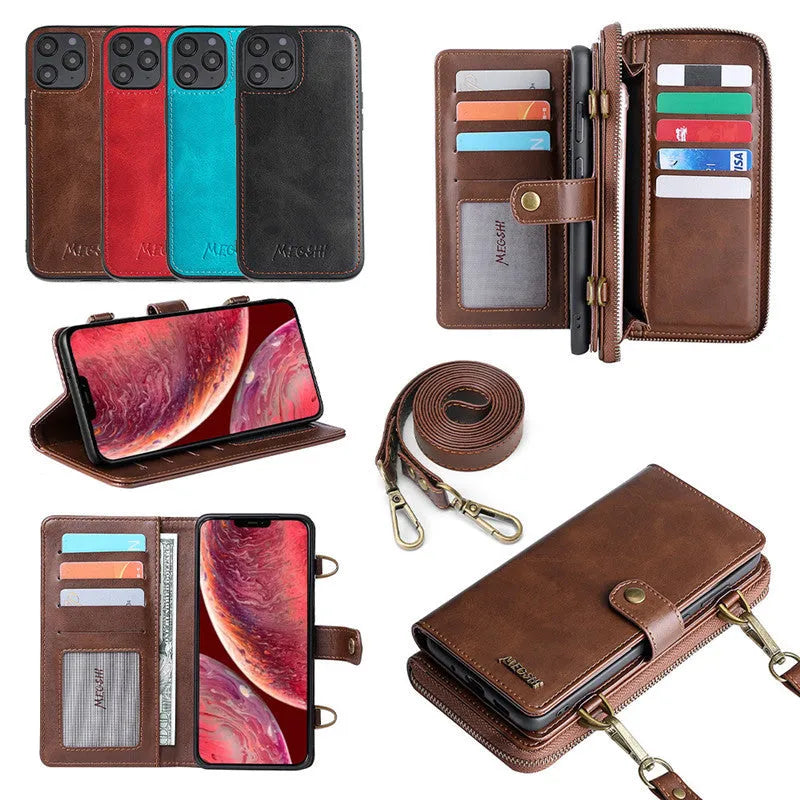 Detachable wallet backpack phone case with leather flip cover in black, blue, brown, or red.