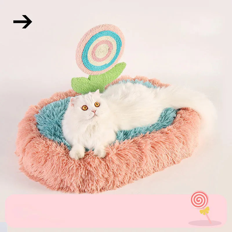 Pink elliptical cat nest bed with thick plush lining and a removable cover