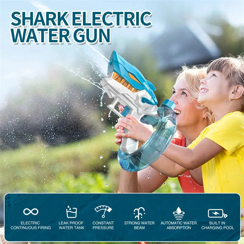 Blue Shark electric water gun toy with automatic continuous fire feature