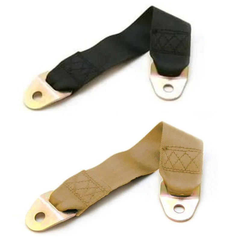 Polyester door latch and door stop fixing belt kit with screws and nuts on a white background.
