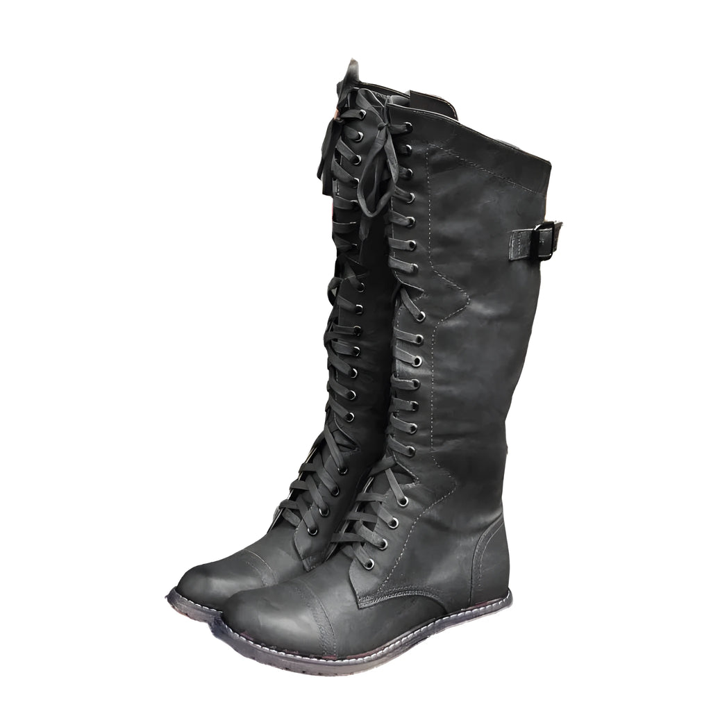 Women's knight boots with cross strap design in artificial PU material