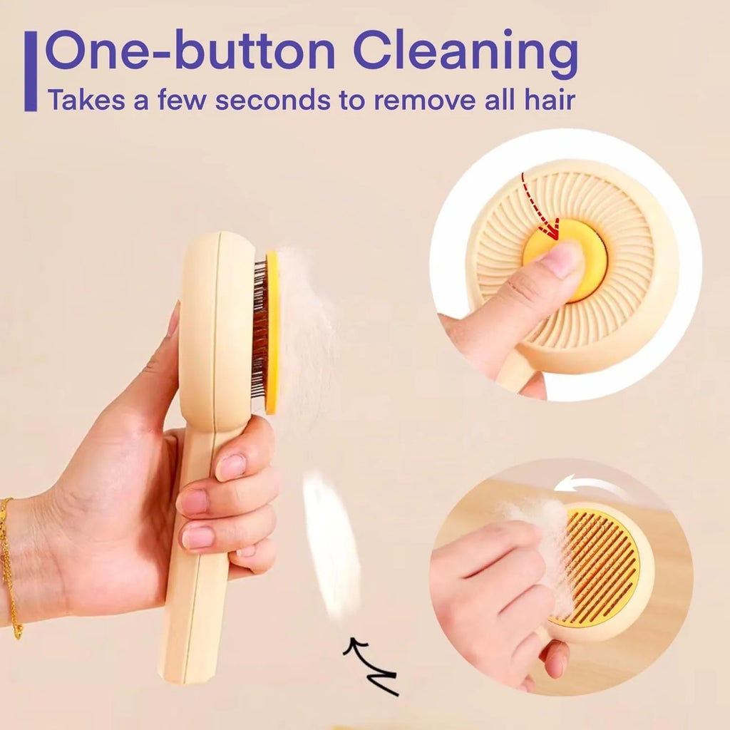 Blue self-cleaning pet grooming brush with angled metal needles for cats and dogs