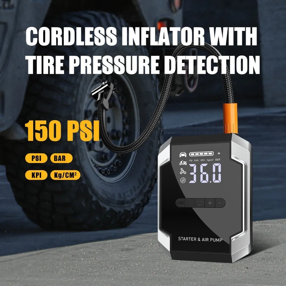 12V car emergency jump starter and tyre inflator with ABS casing and Eva storage bag on a workbench