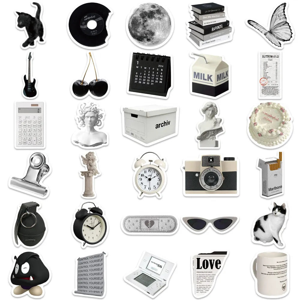 Set of 61 black and white simple style waterproof PVC vinyl stickers for laptops and phones.