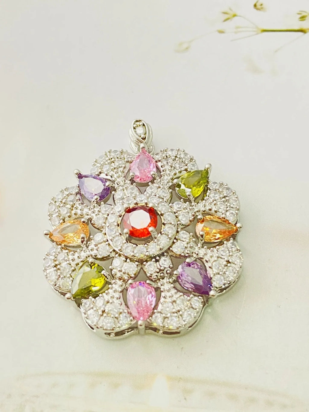 Women's zircon flower pendant necklace in gold electroplated finish with optional chain