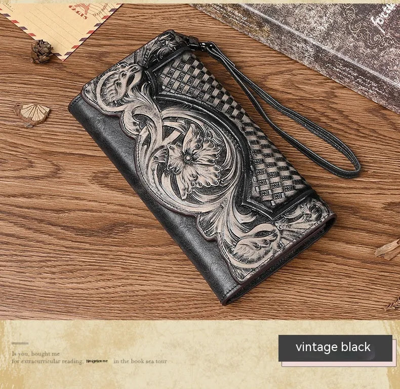 Chinese style embossed tri-fold leather wallet in retro brown colour showing floral pattern