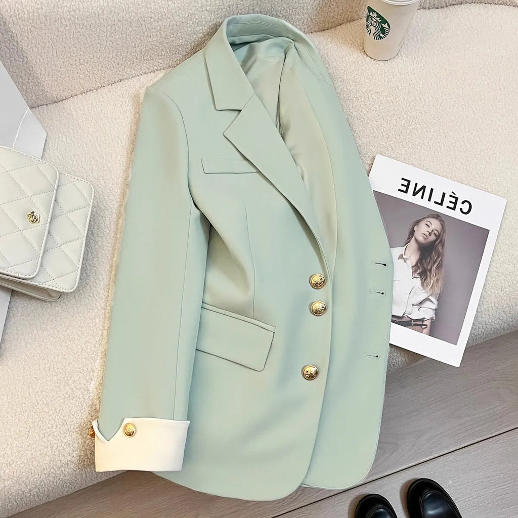 Korean-style loose fit women's coat in solid colour polyester, medium 65cm length with pockets.