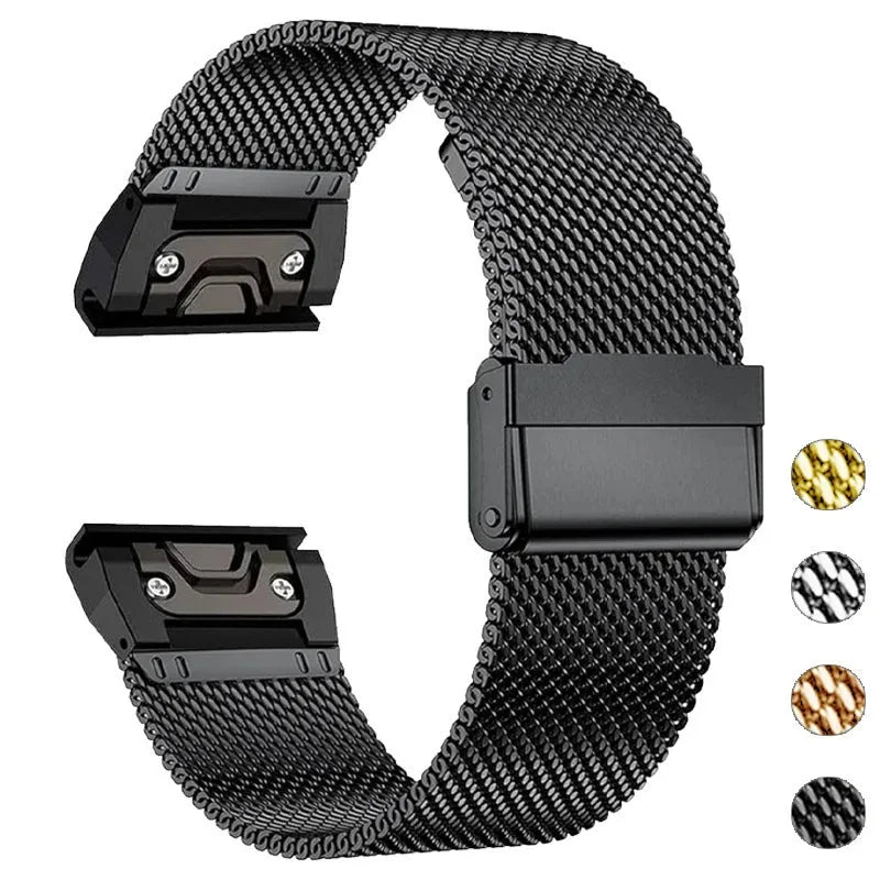 Simple stainless steel card-style strap for Garmin Fenix watches in silver, black, gold, and rose gold.