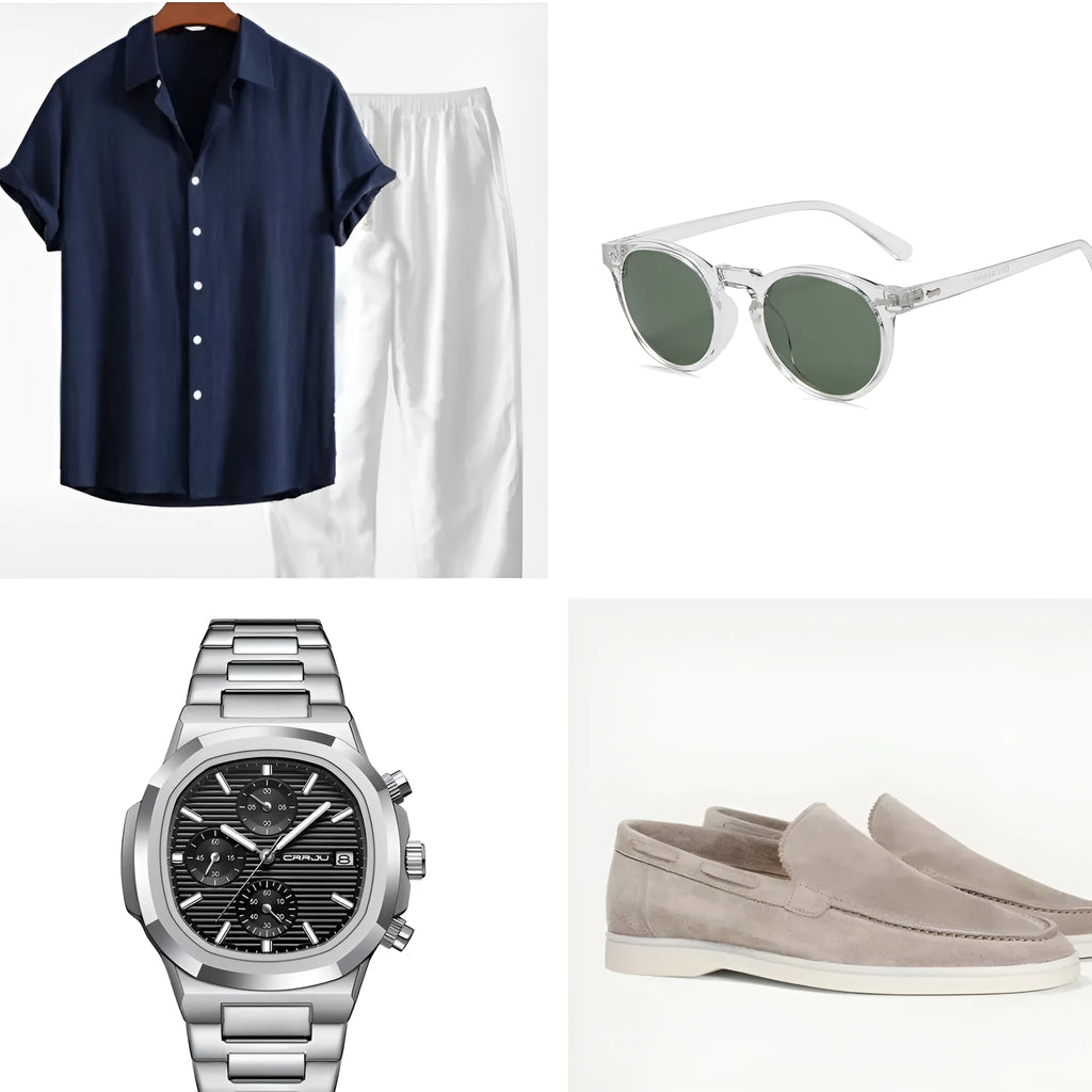 Casual loose-fit linen and cotton short sleeve suit set in navy blue, shown with included glasses shoes and watch.