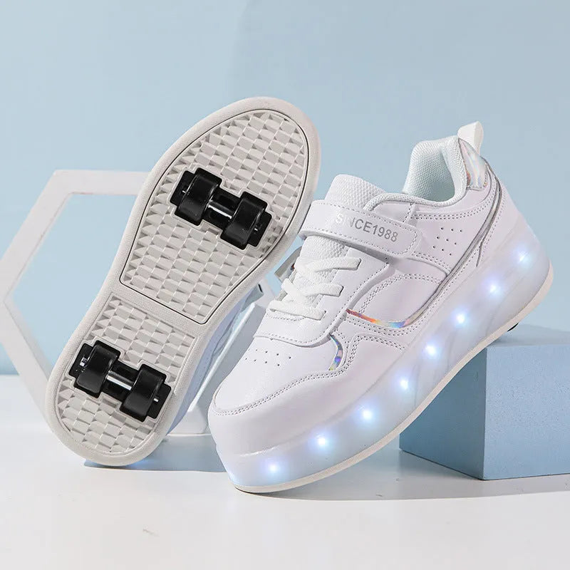 Charging flash roller skates with LED lights in pink, white, black, and purple colours