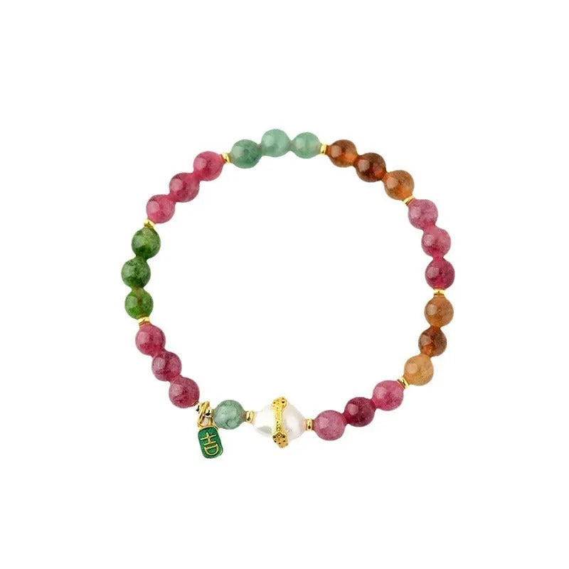 Geometric chalcedony bead bracelet with adjustable string closure in tourmaline colour