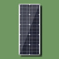 30W semi-flexible black solar panel showing USB port and output cables on a textured surface.