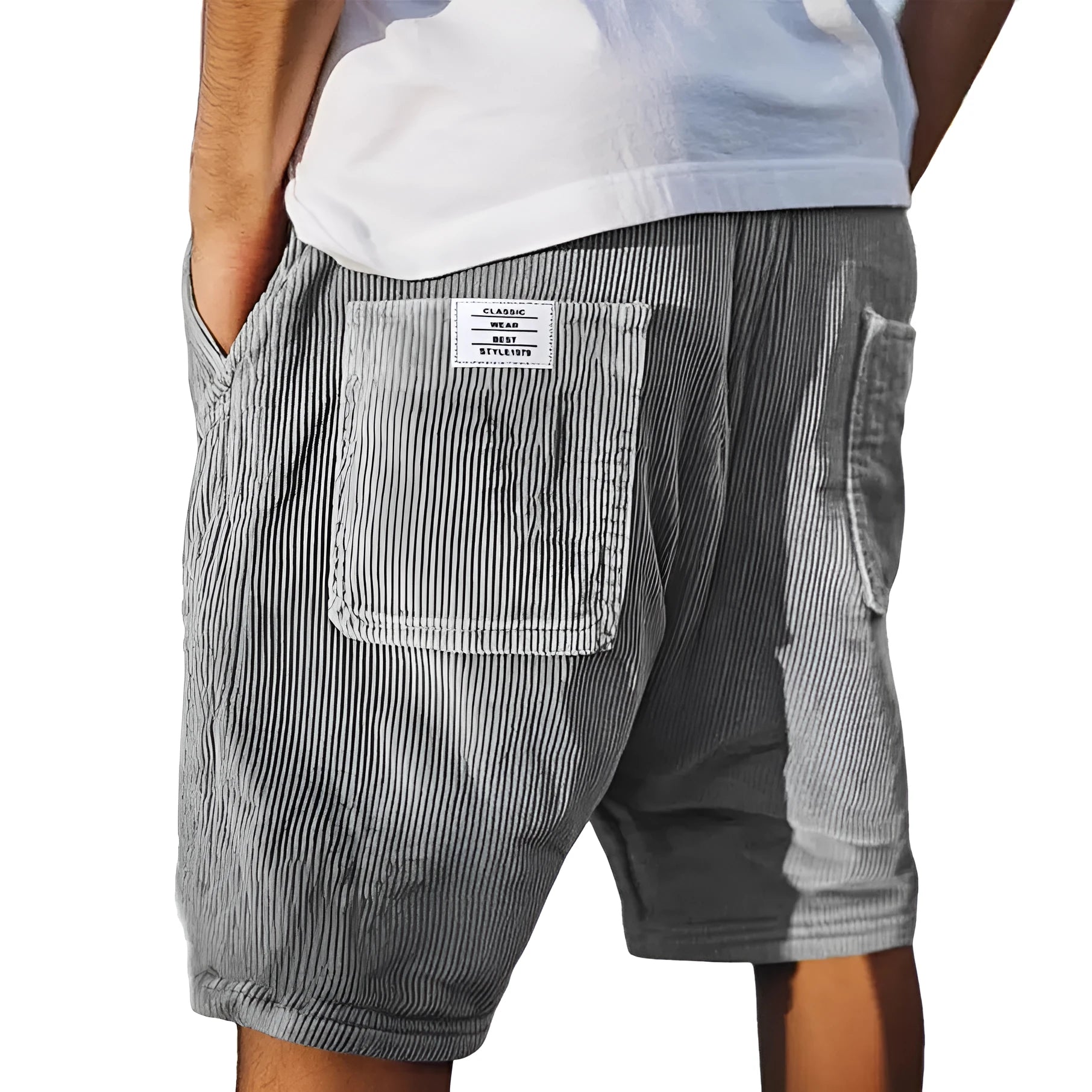 Men's straight-leg corduroy shorts in multiple colours showing multi-pocket design and embroidery detail.