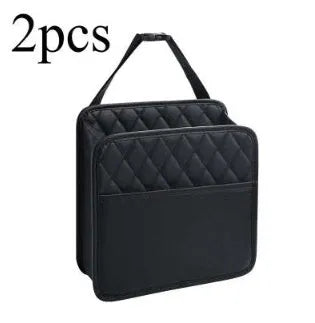 Black leather hanging storage bag for car interior, shown with dimensions