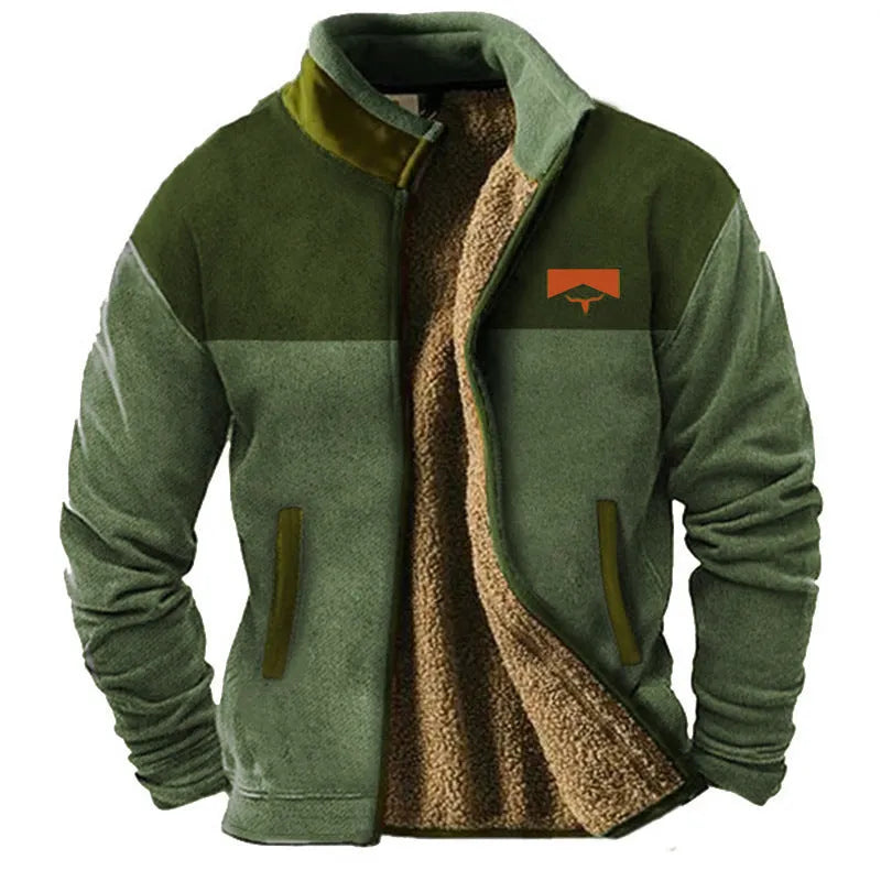 Men's green polyester fleece padded coat on a hanger, regular length.