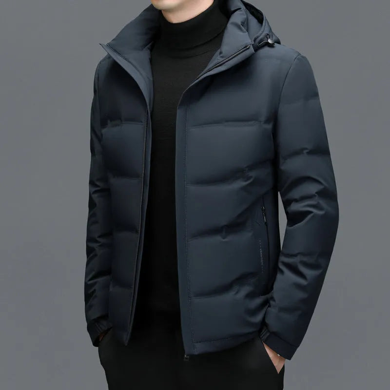 Men's thick down jacket detachable hooded in black, loose fit with white duck down filling, polyester shell