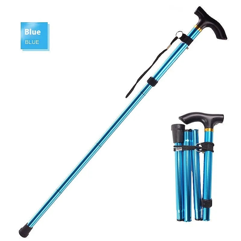 Aluminium alloy folding walking cane with non-slip handle, shown in an adjustable length from 85 to 95 cm.