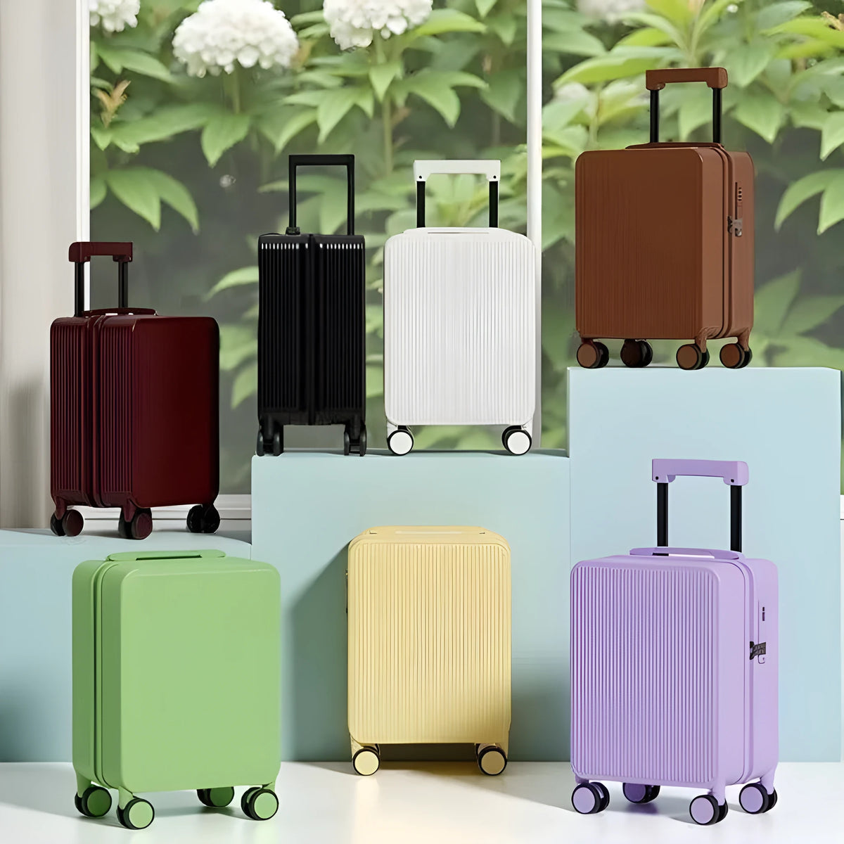 PC hard shell suitcase with universal wheels and zip closure, shown in Moon White, 16-19 inch sizes.