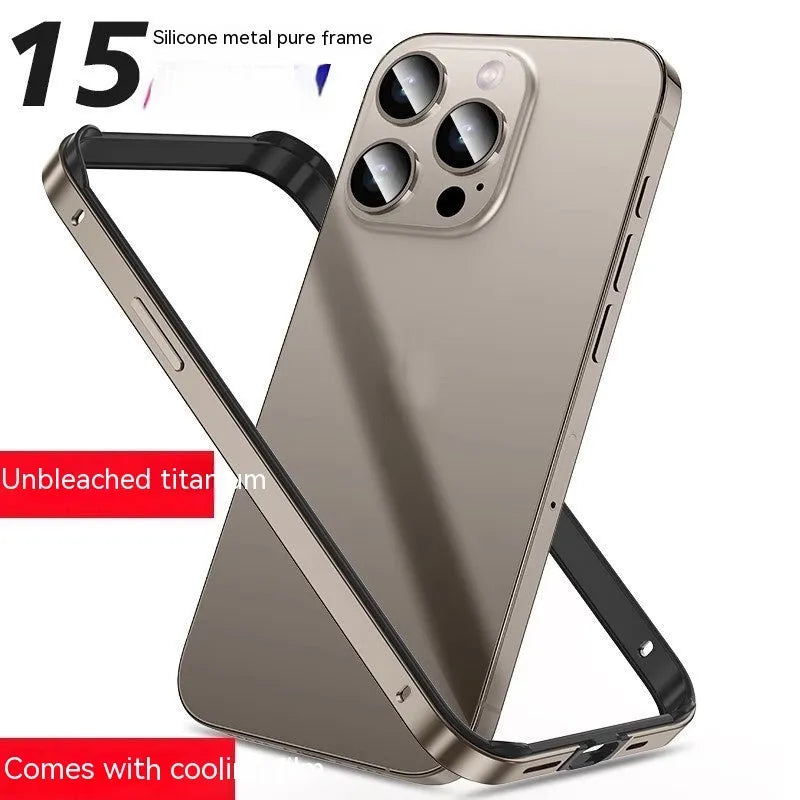 Straight edge aluminum alloy phone case with four-corner drop-resistant frame, in black, on a clean background