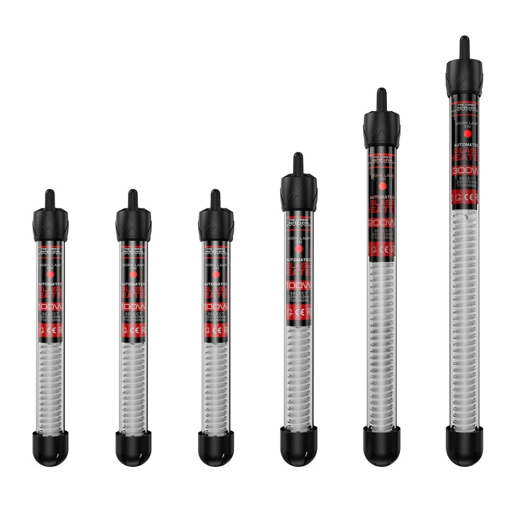 Aquarium glass pipe heater with quartz thermostat for fresh and sea water tanks, available in 25W to 300W.