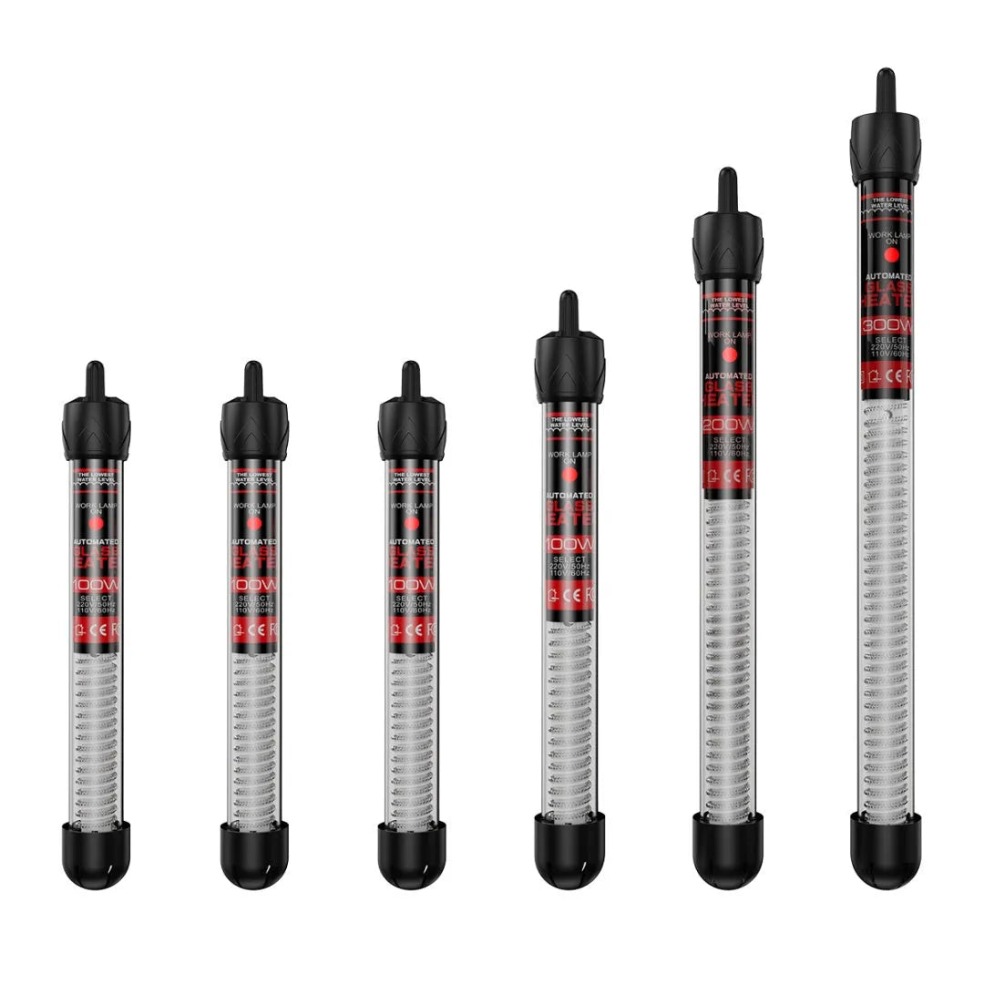 Aquarium glass pipe heater with quartz thermostat for fresh and sea water tanks, available in 25W to 300W.