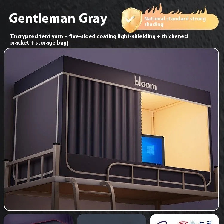 Grey polyester bed curtain with integrated mosquito net for 0.9m beds with light blocking sides