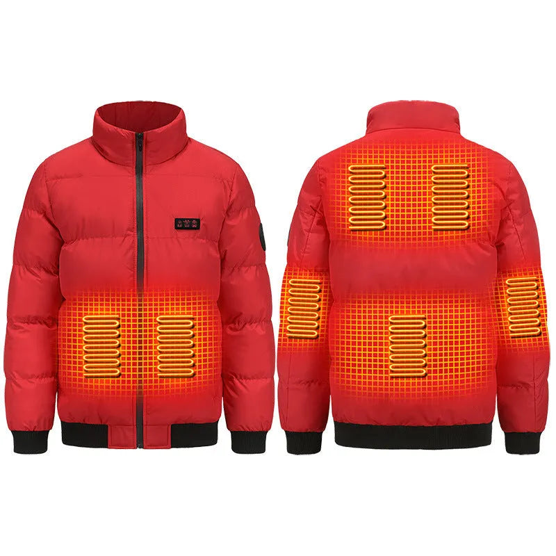 Outdoor warm heated jacket in black with cardigan style and USB heating port