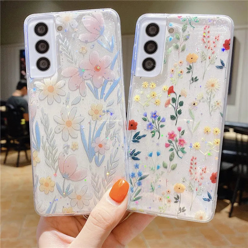 Fashion minimalist floral TPU phone case with drip rubber detailing in multiple colours for Samsung models