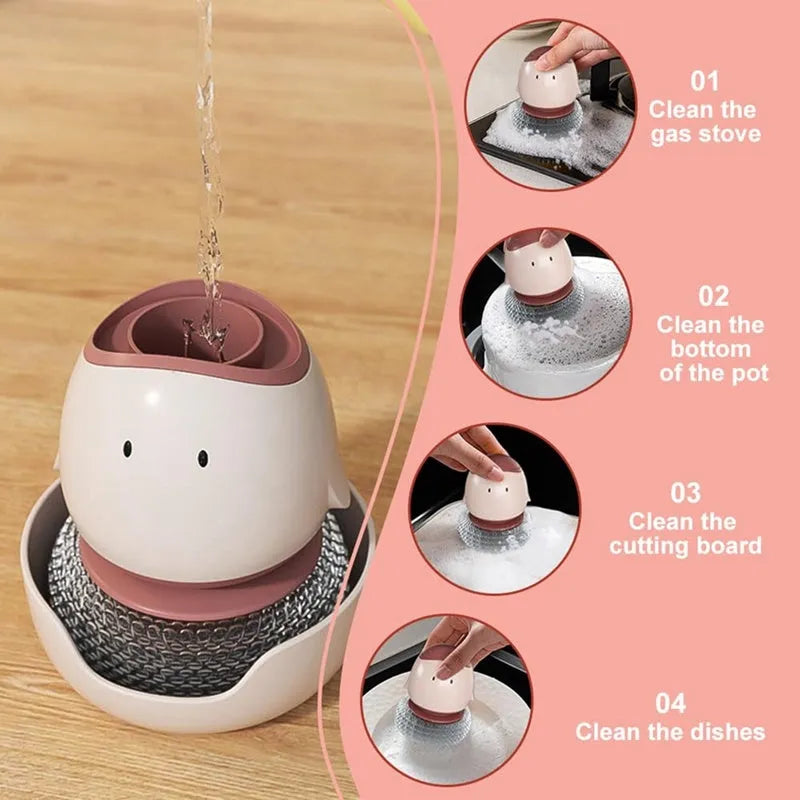 Automatic liquid filling dishwashing brush shaped like a chicken, in Bean Red, with ergonomic handle and wall mount
