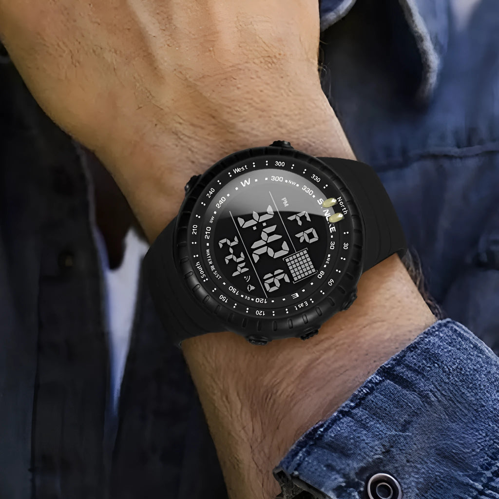 Men's black waterproof electronic outdoor watch with large dial on a PU strap.
