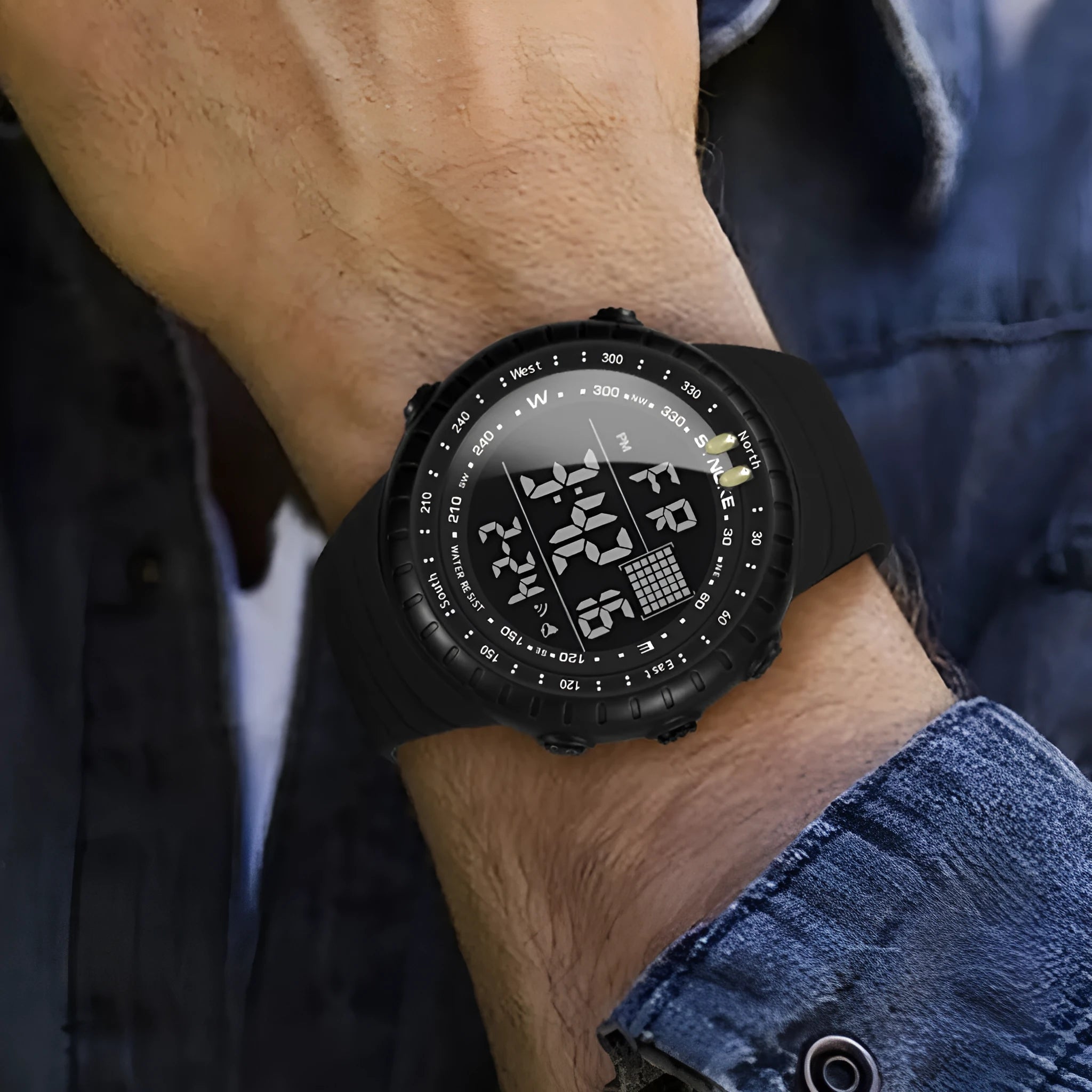 Men's black waterproof electronic outdoor watch with large dial on a PU strap.
