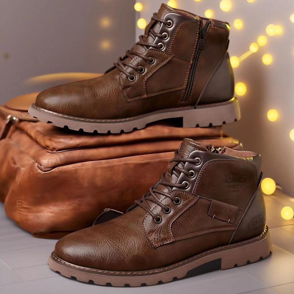 Men's brown leather-look PU ankle boot with side zipper and rubber sole