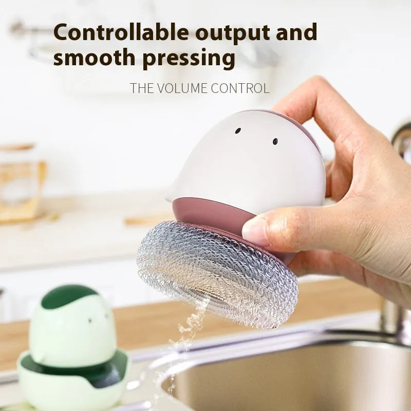 Automatic liquid filling dishwashing brush shaped like a chicken, in Bean Red, with ergonomic handle and wall mount