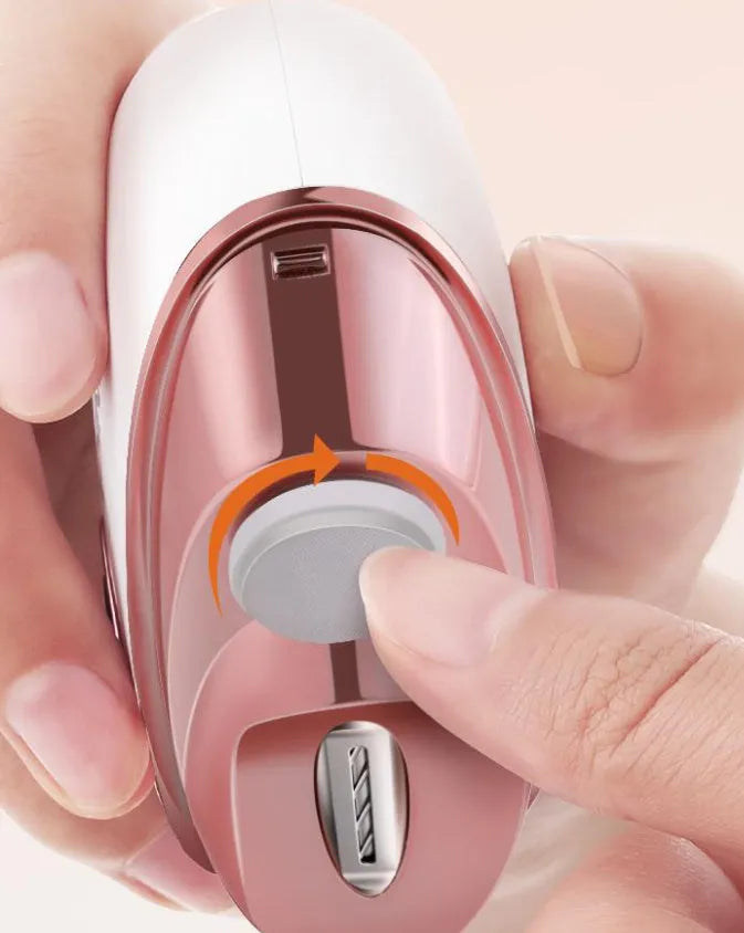 Blue rechargeable electric nail clipper and polisher with cleaning brush and USB cable.