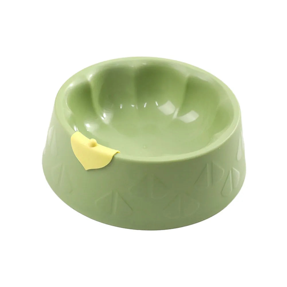 Green plastic flower-shaped double pet bowl for dog and cat food and water.