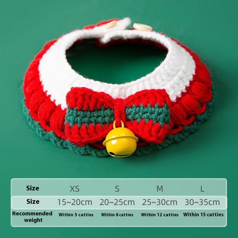 Hand knitted Christmas pet collar for cats made from milk cotton yarn with adjustable sizing and festive bow design