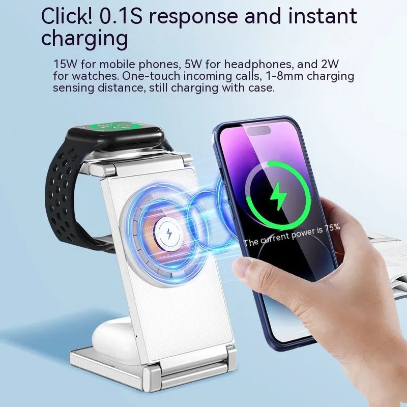 Multifunctional folding magnetic wireless charger four-in-one for Apple devices in black with phone, earphones and watch charging