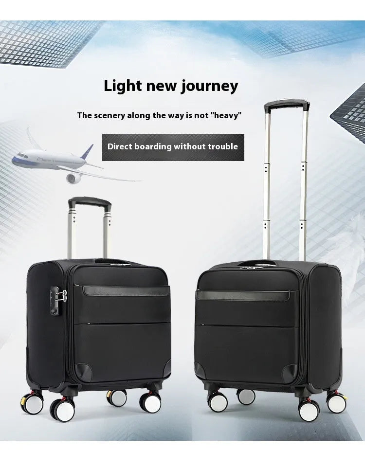 18-inch black Oxford cloth carry-on suitcase with telescopic handle and four spinner wheels.