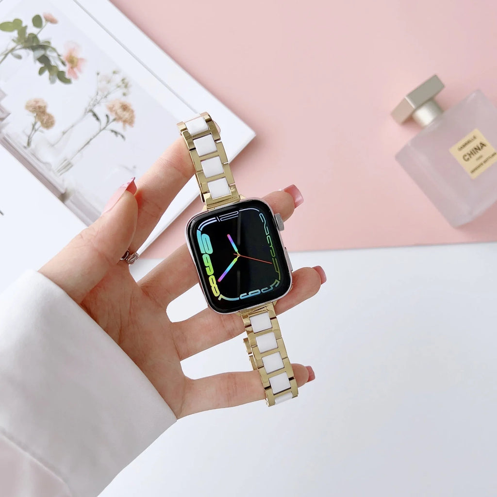 Stainless steel ceramic watch band for Apple Watch with three beads design, gold and black ceramic colour option