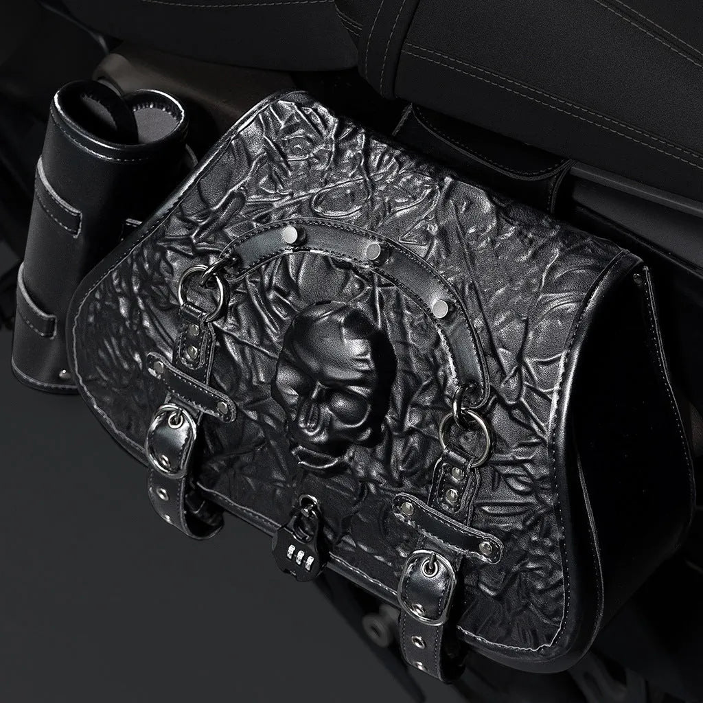 Pair of black PU leather motorcycle modified side luggage bags mounted on a bike.