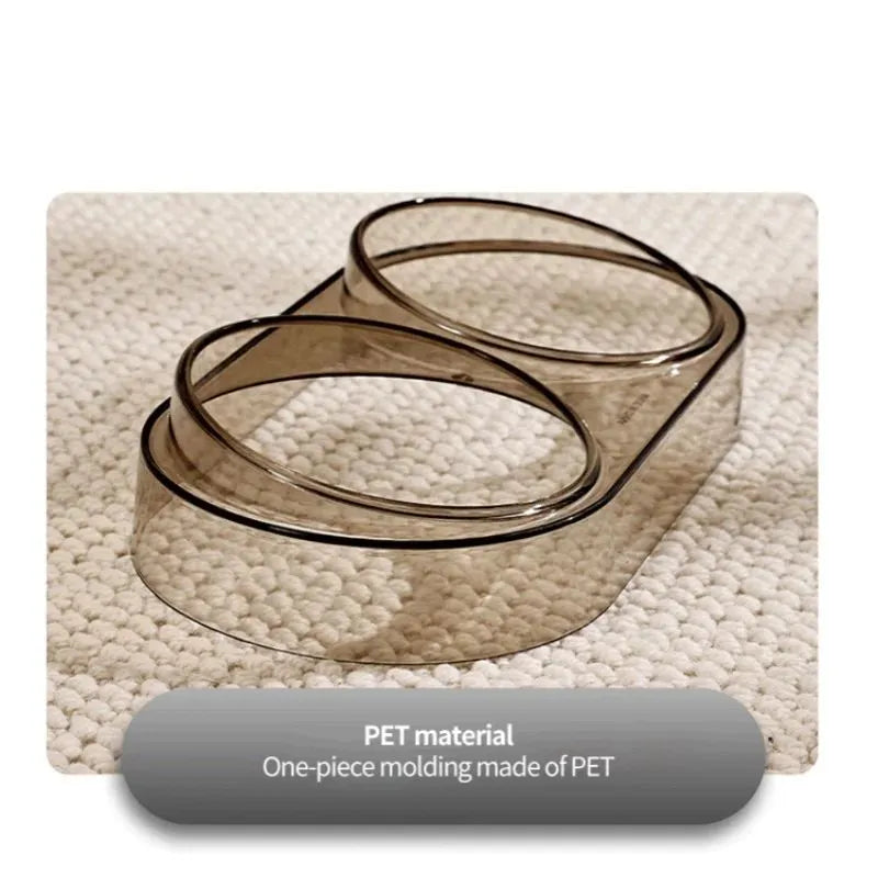 Transparent plastic double cat and dog bowl with two compartments for food and water