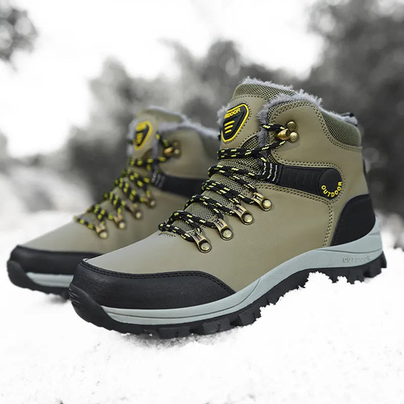 Men's winter snow boots in black, grey, or khaki with plush lining, lace-up front, and TPR sole.