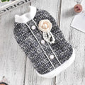 Black PU sausage dog pattern jacket on cat showing seven size options from XS to 4XL