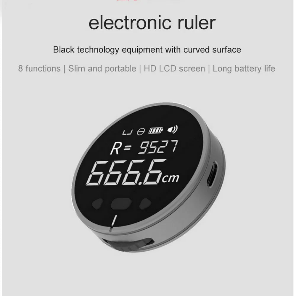 Black digital electronic measuring ruler with 1.8 inch VA LCD display on a flat surface
