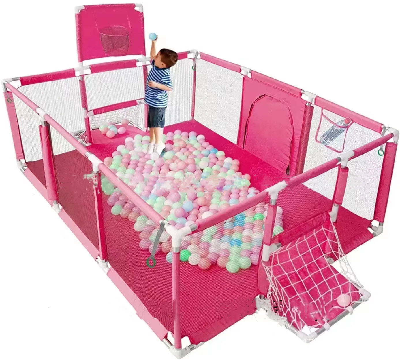 Large blue children's playpen tent with stainless steel frame and Oxford cloth walls set up indoors.